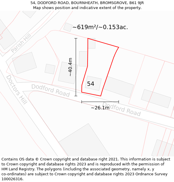 54, DODFORD ROAD, BOURNHEATH, BROMSGROVE, B61 9JR: Plot and title map