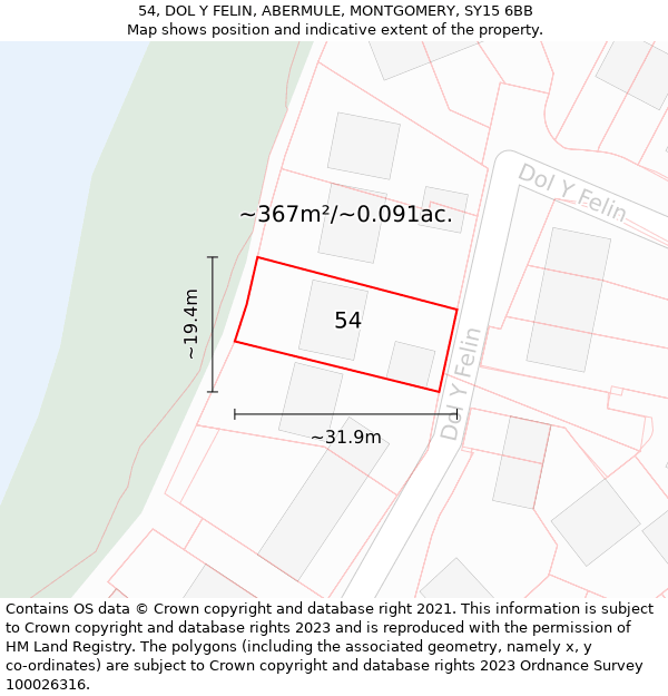 54, DOL Y FELIN, ABERMULE, MONTGOMERY, SY15 6BB: Plot and title map