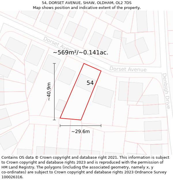 54, DORSET AVENUE, SHAW, OLDHAM, OL2 7DS: Plot and title map