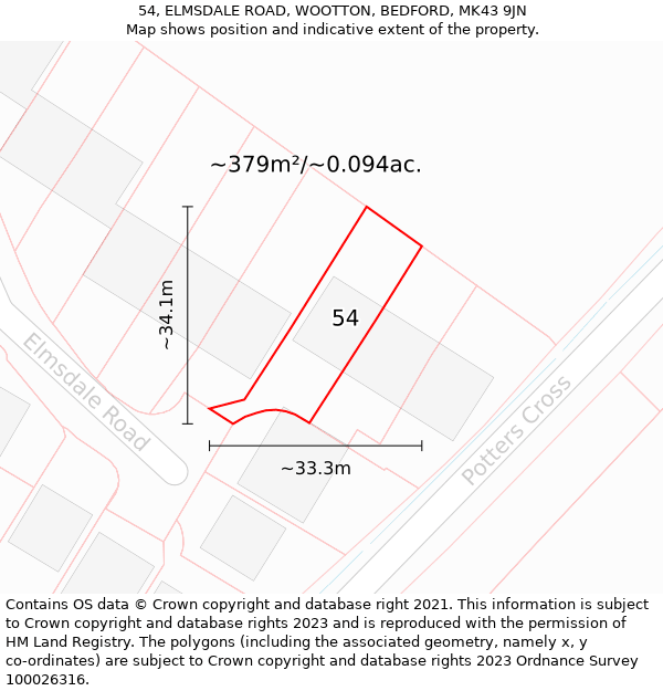 54, ELMSDALE ROAD, WOOTTON, BEDFORD, MK43 9JN: Plot and title map