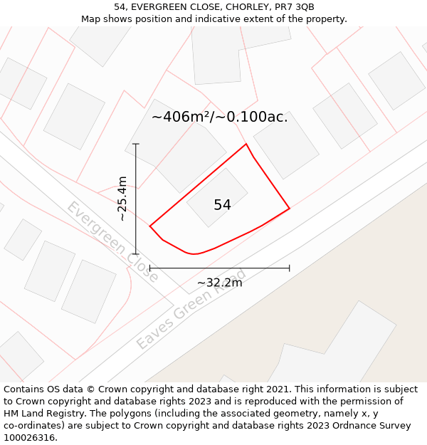 54, EVERGREEN CLOSE, CHORLEY, PR7 3QB: Plot and title map