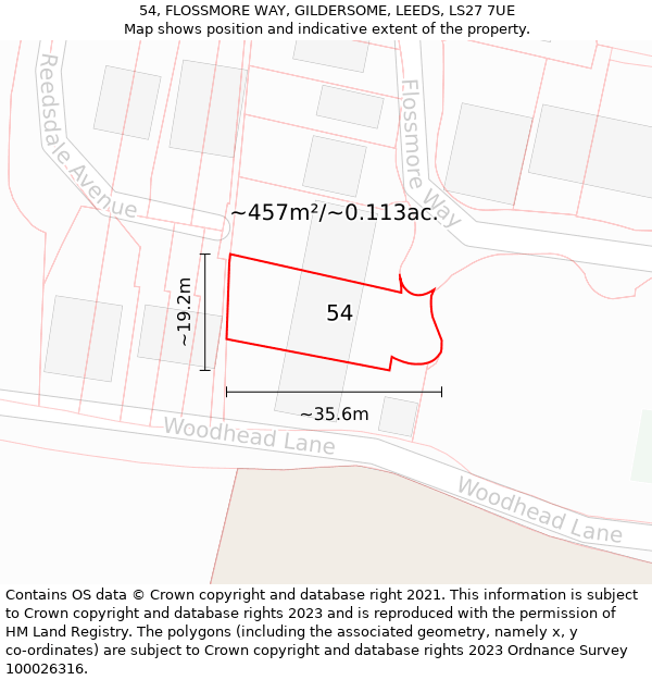 54, FLOSSMORE WAY, GILDERSOME, LEEDS, LS27 7UE: Plot and title map