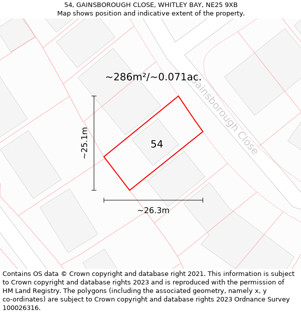 54, GAINSBOROUGH CLOSE, WHITLEY BAY, NE25 9XB: Plot and title map