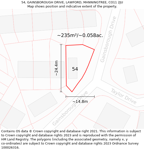 54, GAINSBOROUGH DRIVE, LAWFORD, MANNINGTREE, CO11 2JU: Plot and title map