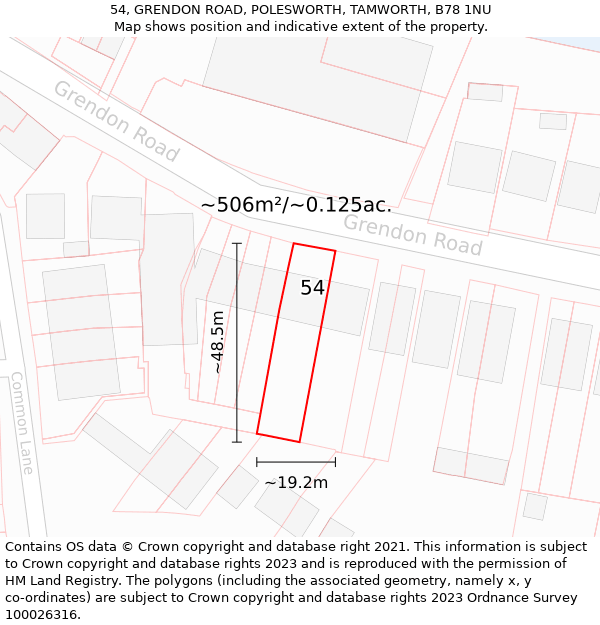 54, GRENDON ROAD, POLESWORTH, TAMWORTH, B78 1NU: Plot and title map