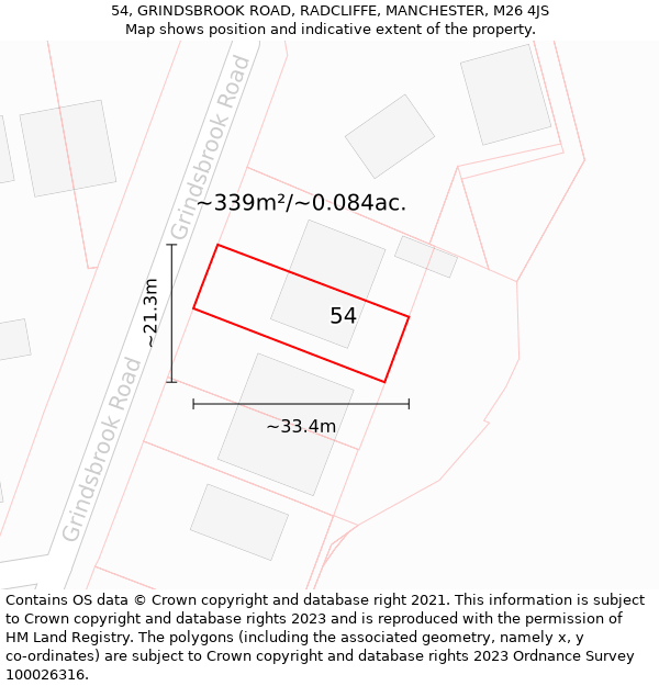 54, GRINDSBROOK ROAD, RADCLIFFE, MANCHESTER, M26 4JS: Plot and title map