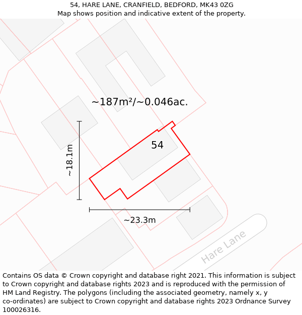 54, HARE LANE, CRANFIELD, BEDFORD, MK43 0ZG: Plot and title map