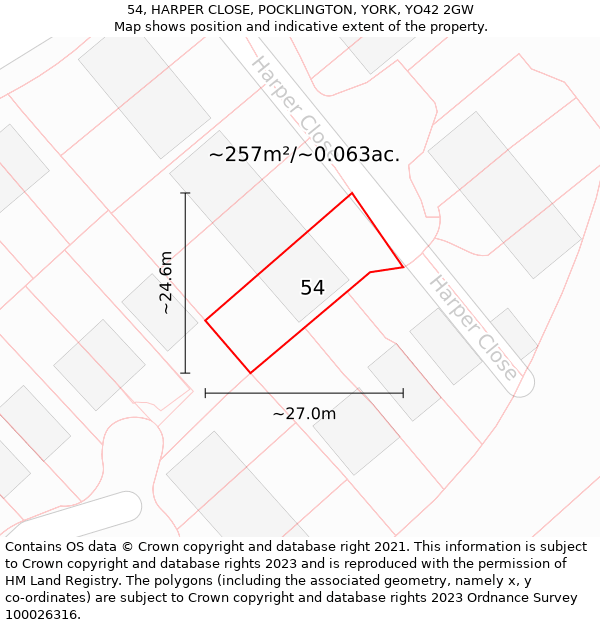 54, HARPER CLOSE, POCKLINGTON, YORK, YO42 2GW: Plot and title map