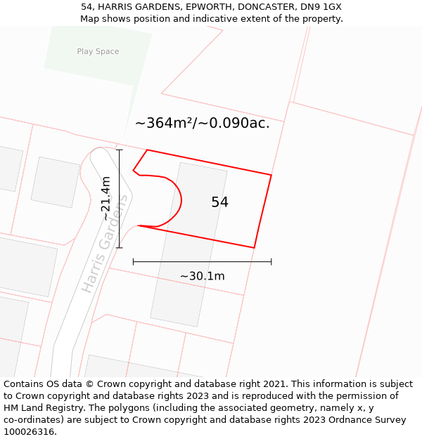 54, HARRIS GARDENS, EPWORTH, DONCASTER, DN9 1GX: Plot and title map