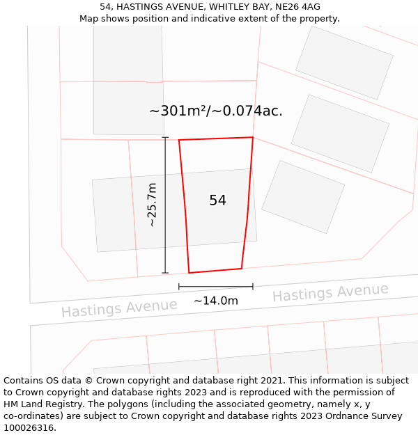 54, HASTINGS AVENUE, WHITLEY BAY, NE26 4AG: Plot and title map