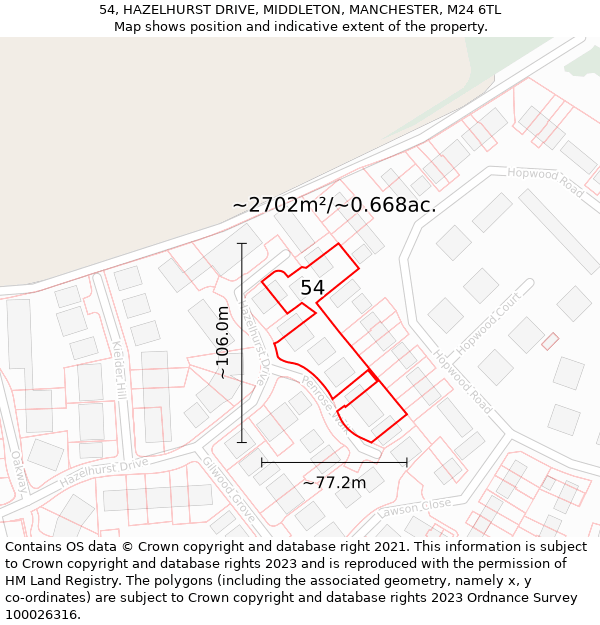 54, HAZELHURST DRIVE, MIDDLETON, MANCHESTER, M24 6TL: Plot and title map