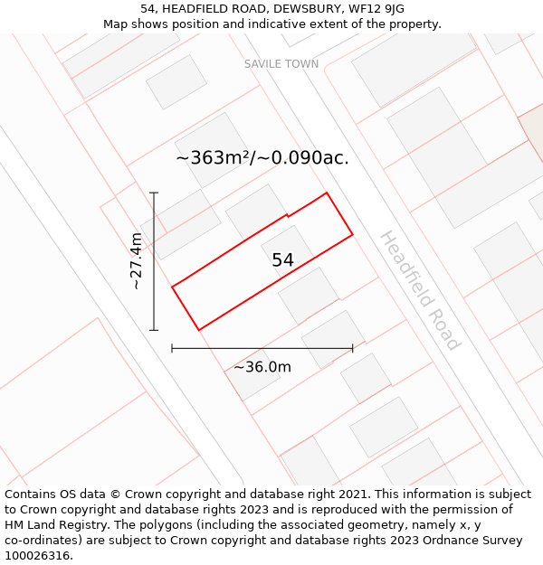 54, HEADFIELD ROAD, DEWSBURY, WF12 9JG: Plot and title map