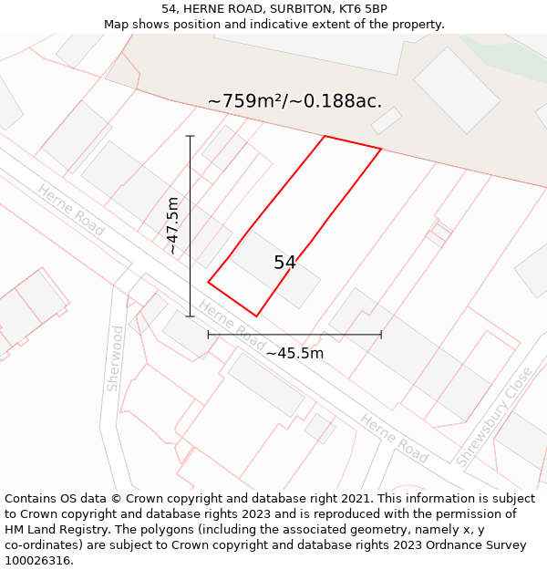 54, HERNE ROAD, SURBITON, KT6 5BP: Plot and title map