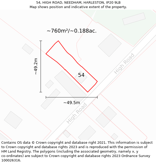 54, HIGH ROAD, NEEDHAM, HARLESTON, IP20 9LB: Plot and title map