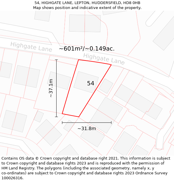 54, HIGHGATE LANE, LEPTON, HUDDERSFIELD, HD8 0HB: Plot and title map