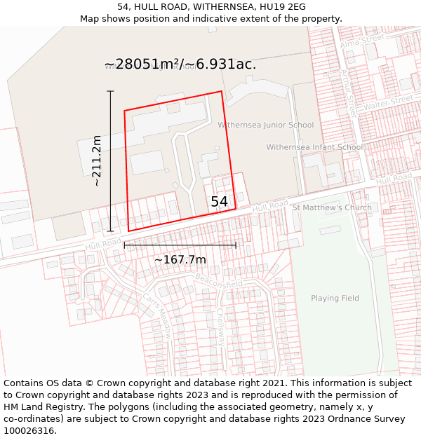 54, HULL ROAD, WITHERNSEA, HU19 2EG: Plot and title map