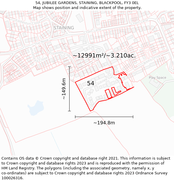 54, JUBILEE GARDENS, STAINING, BLACKPOOL, FY3 0EL: Plot and title map