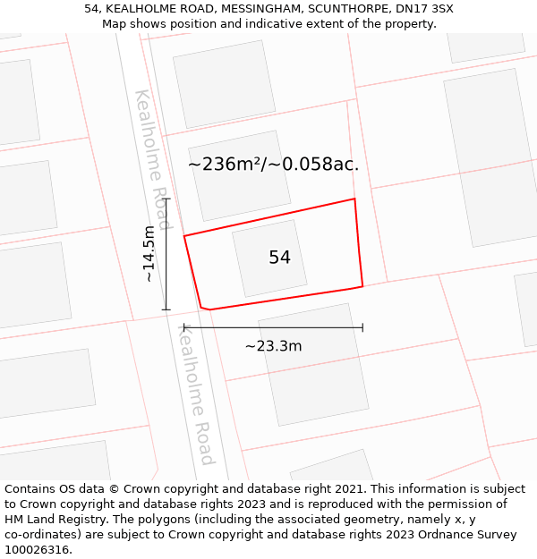 54, KEALHOLME ROAD, MESSINGHAM, SCUNTHORPE, DN17 3SX: Plot and title map