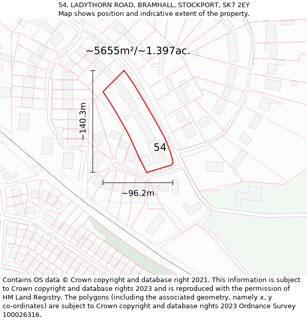 54, LADYTHORN ROAD, BRAMHALL, STOCKPORT, SK7 2EY: Plot and title map