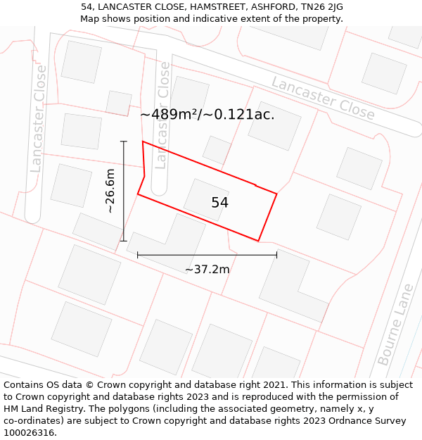 54, LANCASTER CLOSE, HAMSTREET, ASHFORD, TN26 2JG: Plot and title map