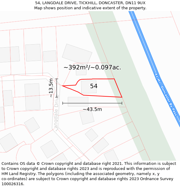 54, LANGDALE DRIVE, TICKHILL, DONCASTER, DN11 9UX: Plot and title map