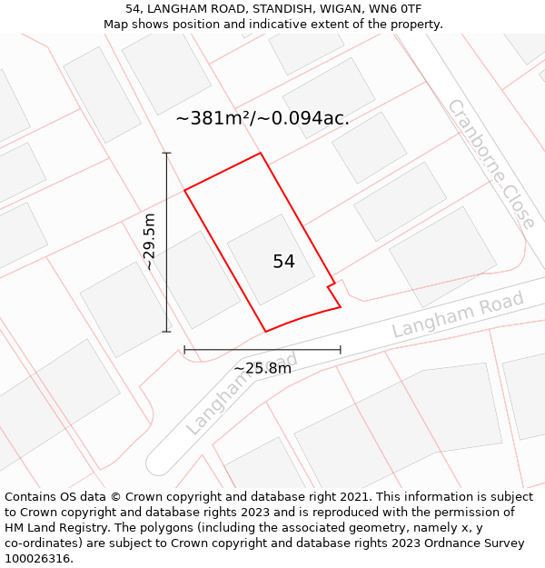 54, LANGHAM ROAD, STANDISH, WIGAN, WN6 0TF: Plot and title map