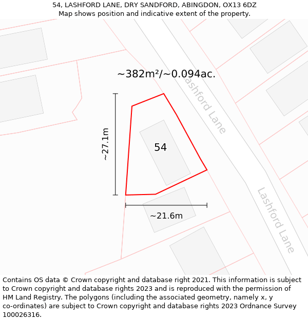 54, LASHFORD LANE, DRY SANDFORD, ABINGDON, OX13 6DZ: Plot and title map