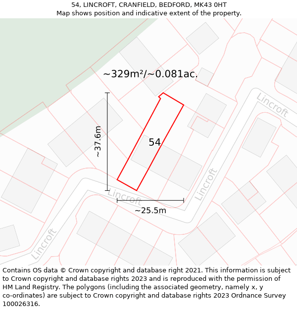 54, LINCROFT, CRANFIELD, BEDFORD, MK43 0HT: Plot and title map