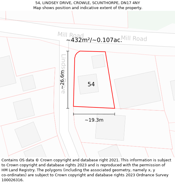 54, LINDSEY DRIVE, CROWLE, SCUNTHORPE, DN17 4NY: Plot and title map