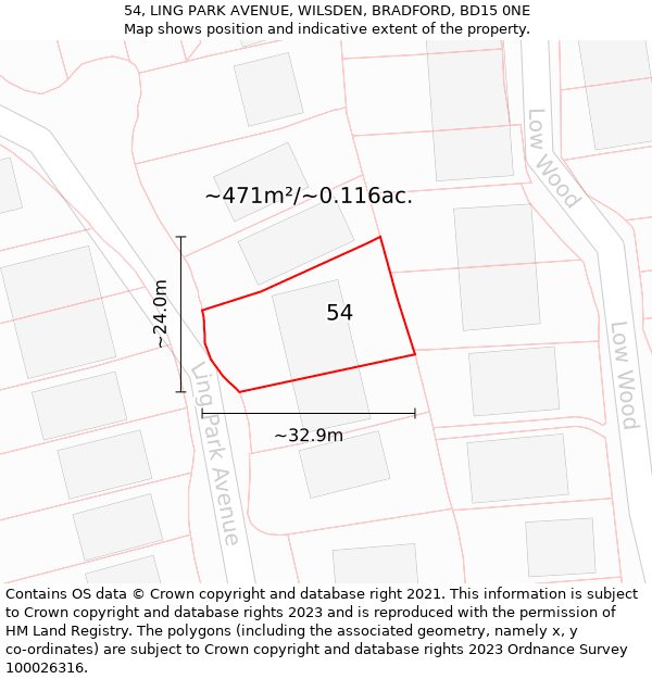 54, LING PARK AVENUE, WILSDEN, BRADFORD, BD15 0NE: Plot and title map