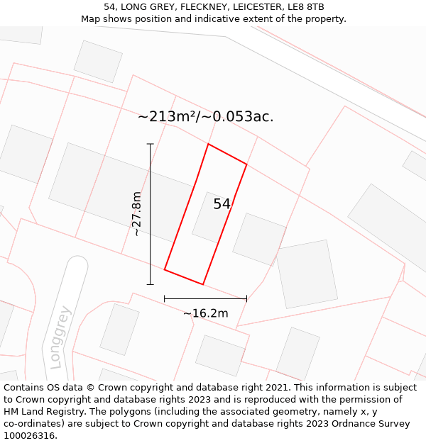 54, LONG GREY, FLECKNEY, LEICESTER, LE8 8TB: Plot and title map