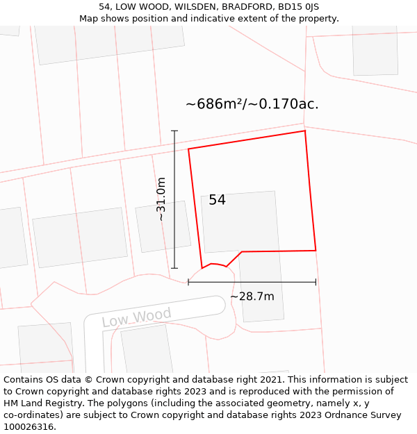 54, LOW WOOD, WILSDEN, BRADFORD, BD15 0JS: Plot and title map