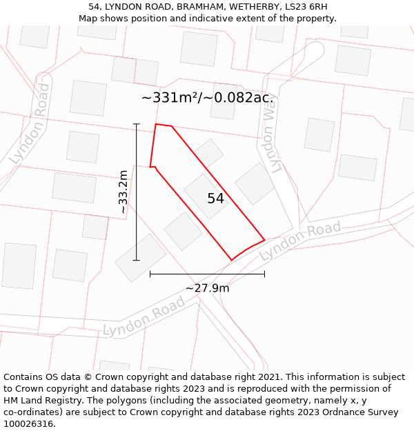 54, LYNDON ROAD, BRAMHAM, WETHERBY, LS23 6RH: Plot and title map