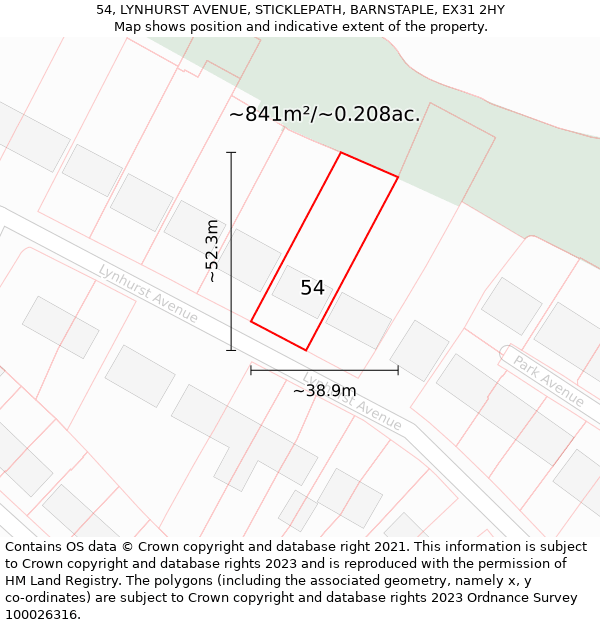 54, LYNHURST AVENUE, STICKLEPATH, BARNSTAPLE, EX31 2HY: Plot and title map