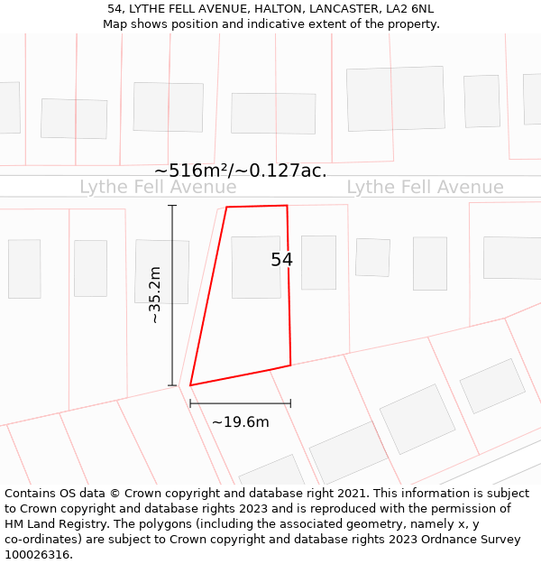 54, LYTHE FELL AVENUE, HALTON, LANCASTER, LA2 6NL: Plot and title map