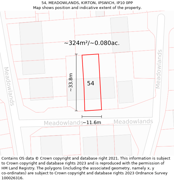 54, MEADOWLANDS, KIRTON, IPSWICH, IP10 0PP: Plot and title map