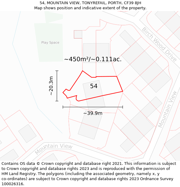 54, MOUNTAIN VIEW, TONYREFAIL, PORTH, CF39 8JH: Plot and title map