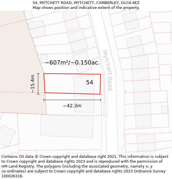 54, MYTCHETT ROAD, MYTCHETT, CAMBERLEY, GU16 6EZ: Plot and title map