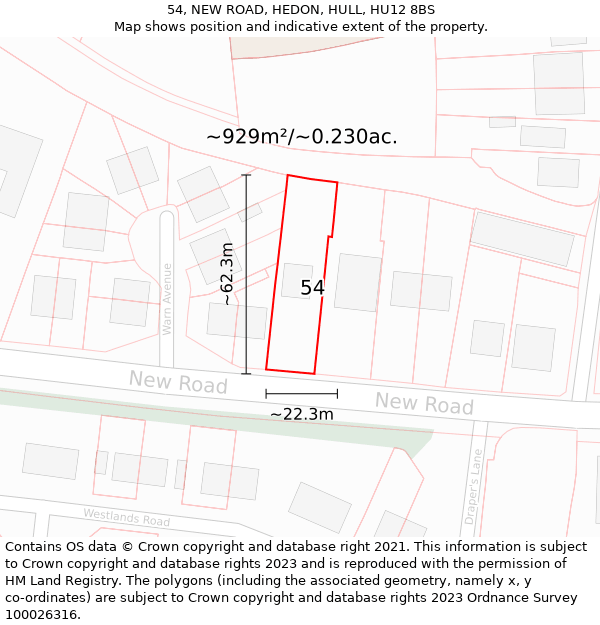 54, NEW ROAD, HEDON, HULL, HU12 8BS: Plot and title map