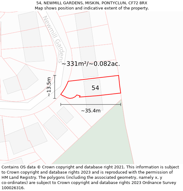 54, NEWMILL GARDENS, MISKIN, PONTYCLUN, CF72 8RX: Plot and title map