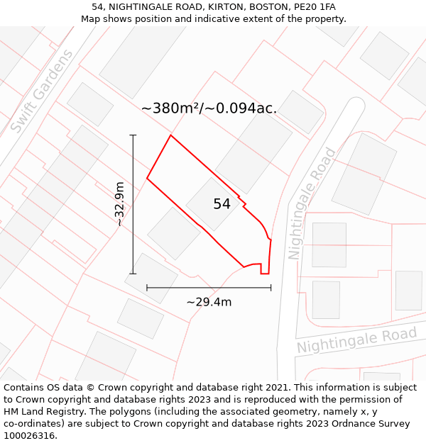 54, NIGHTINGALE ROAD, KIRTON, BOSTON, PE20 1FA: Plot and title map