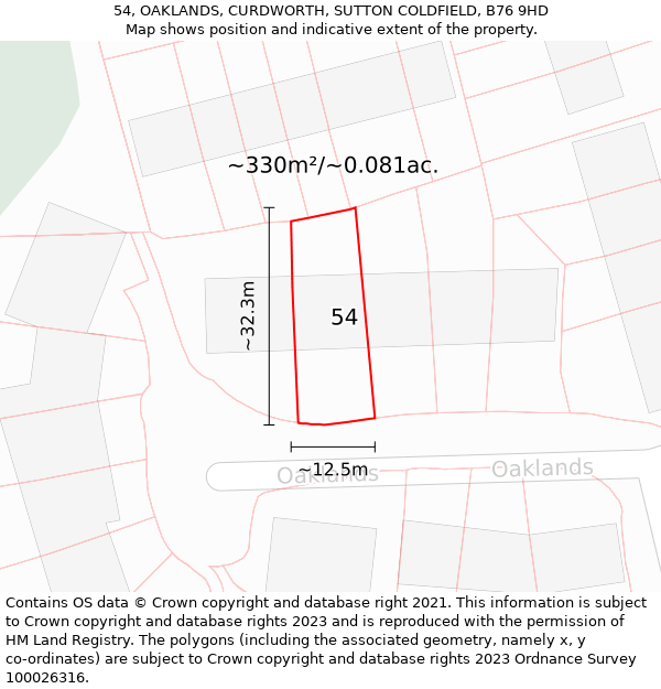 54, OAKLANDS, CURDWORTH, SUTTON COLDFIELD, B76 9HD: Plot and title map