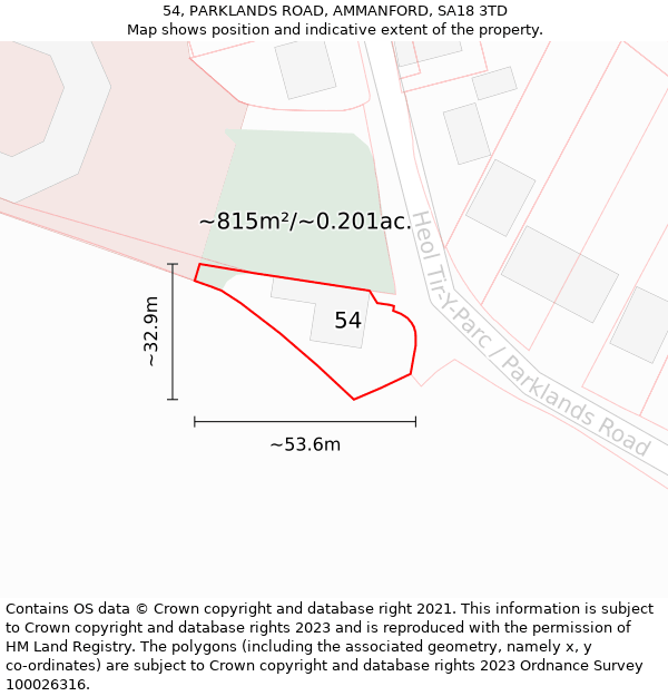 54, PARKLANDS ROAD, AMMANFORD, SA18 3TD: Plot and title map