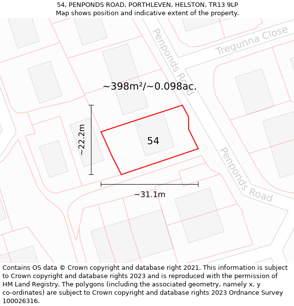 54, PENPONDS ROAD, PORTHLEVEN, HELSTON, TR13 9LP: Plot and title map