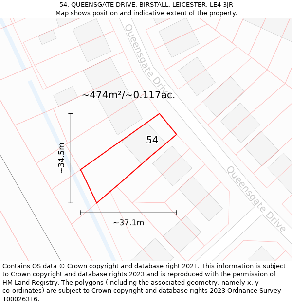 54, QUEENSGATE DRIVE, BIRSTALL, LEICESTER, LE4 3JR: Plot and title map