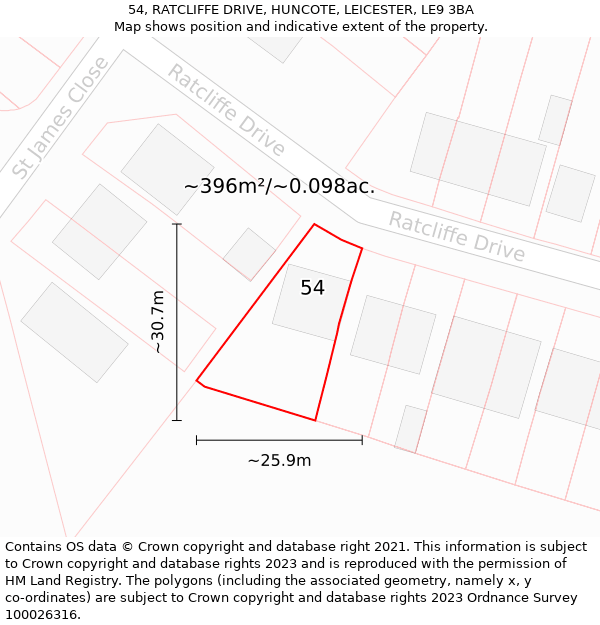 54, RATCLIFFE DRIVE, HUNCOTE, LEICESTER, LE9 3BA: Plot and title map