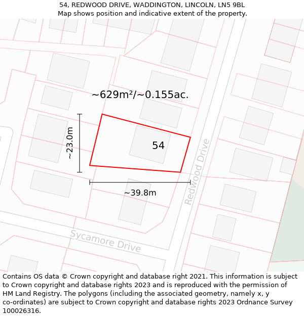 54, REDWOOD DRIVE, WADDINGTON, LINCOLN, LN5 9BL: Plot and title map