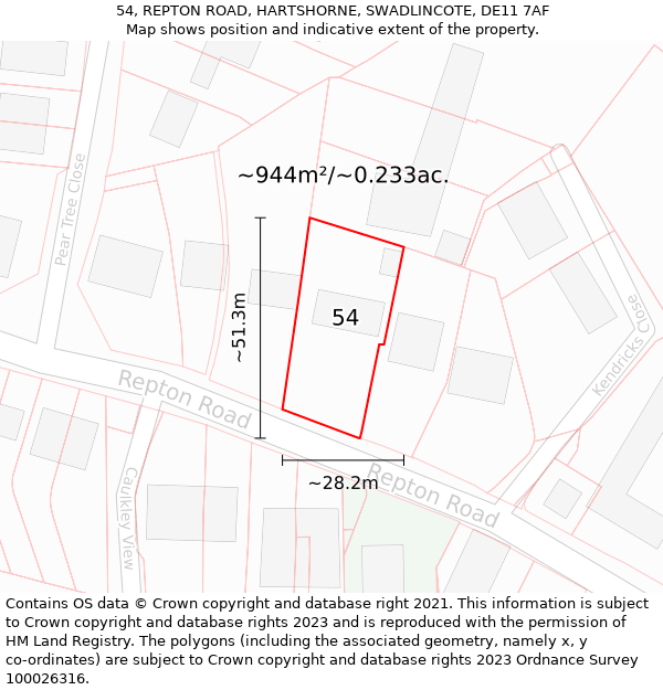 54, REPTON ROAD, HARTSHORNE, SWADLINCOTE, DE11 7AF: Plot and title map