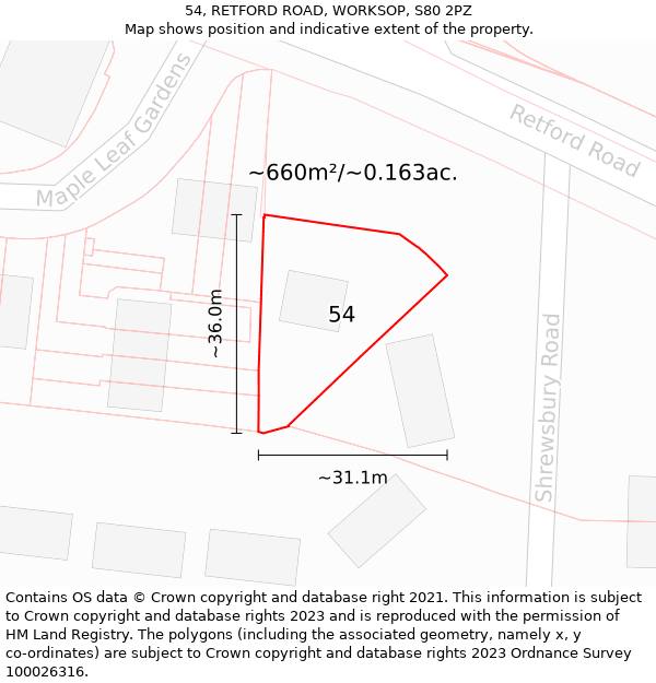 54, RETFORD ROAD, WORKSOP, S80 2PZ: Plot and title map