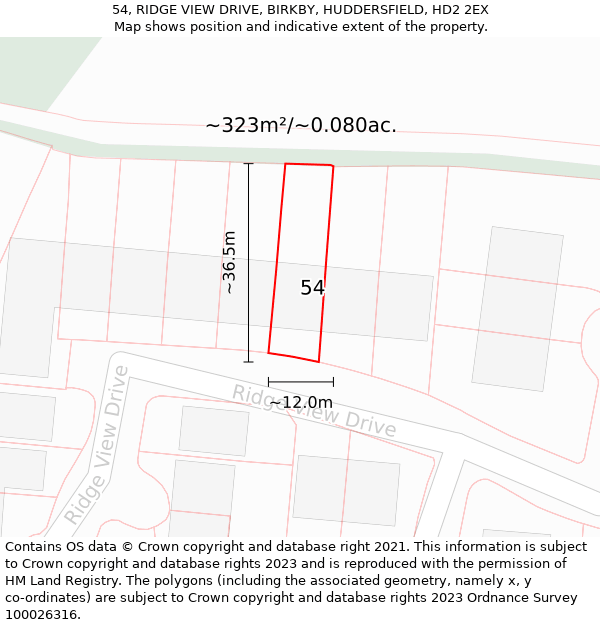 54, RIDGE VIEW DRIVE, BIRKBY, HUDDERSFIELD, HD2 2EX: Plot and title map